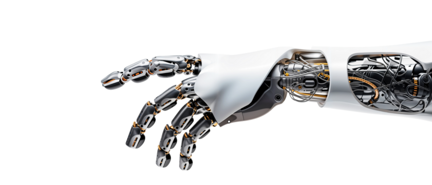 Robot arm and hand png, cyborg pointing finger isolated on transparent or white background hd
