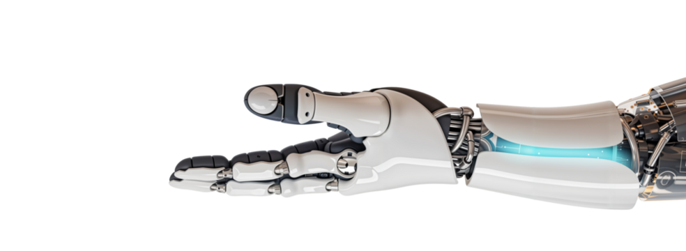 Robot arm and hand png, cyborg holding with open palm isolated on transparent or white background hd - Powered by Adobe