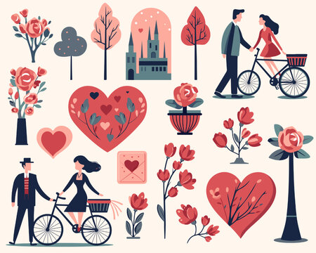 Valentines day set, romantic design for cards, posters, banners. Сouple in love, hearts, floral bouquets. Vintage vector.