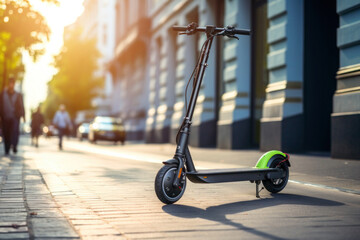 Electric scooter at city street. Modern urban ecology transport