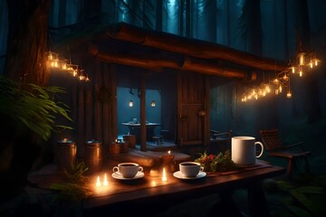 a hidden cabin amidst mystical woods with glowing fireflies, a magical atmosphere surrounding the scene, a cup of coffee on an ancient stone table