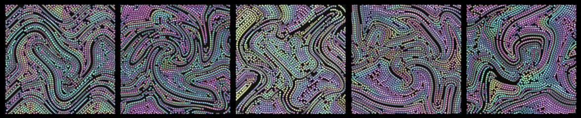 Set of unicorn holographic mosaic artwork backgrounds - design of ancient mosaic pavement graphic templates kit
