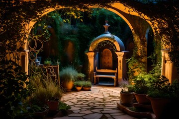 a secluded garden with weathered amphorae and an arched gateway entwined with vines, an inviting bench surrounded by dancing fireflies