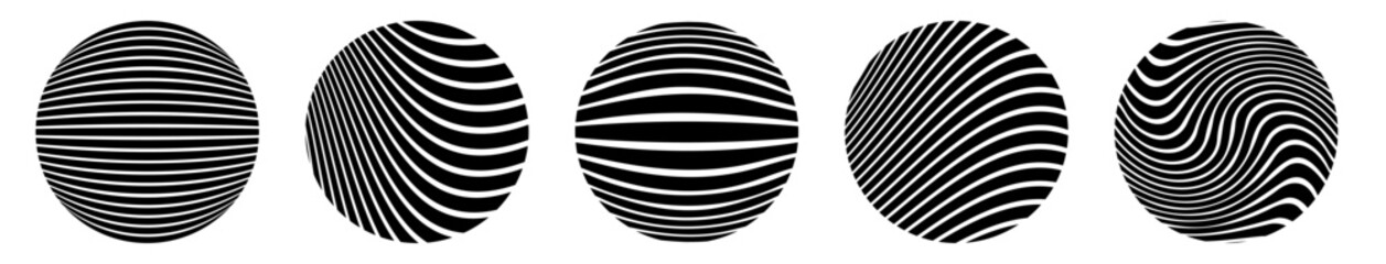 Striped Circle Vector Icon Set - Abstract Black and White Zebrine Round Element Clipart   
