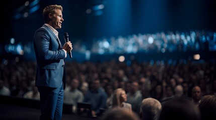 A charismatic corporate leader, confidently delivering an inspiring speech from a grand stage. attentive audience at a prestigious business conference. generative AI - obrazy, fototapety, plakaty