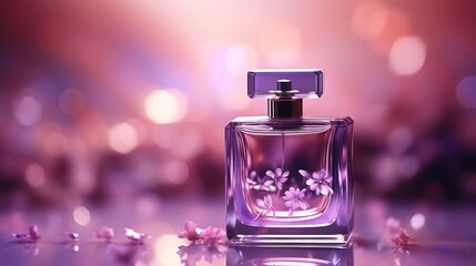 Obraz na płótnie Canvas Perfume glass bottle product advertising realistic composition on blurred purple background with sparkles and rays