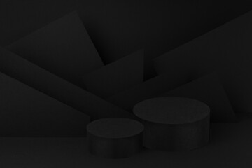 Abstract two black round podiums for cosmetic products with geometric pattern on wall, mockup on...