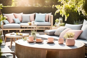a tastefully arranged terrace with sophisticated garden furniture, plush cushions in soft pastel shades, and a quaint coffee table, bathed in warm sunlight