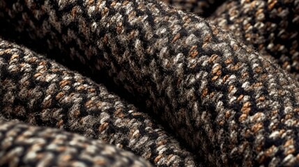 A close examination of a tweed-inspired knit fabric, showcasing its intricate patterns and cozy tactile qualities.