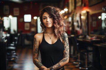 brunette barber woman smiling and laughing inside men's barbers
