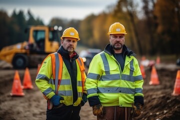 Builders and surveyors with machinery and warning signs during road construction - obrazy, fototapety, plakaty