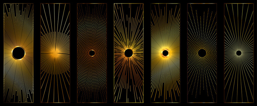 Gold sun rays elements set - visualization of sunburst vector templates - vector concept of ray or beam emblem 
