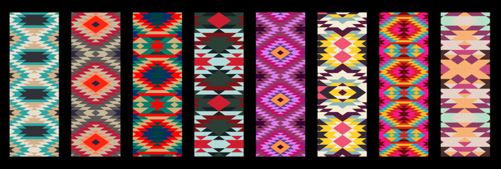  Boho carpet pattern set - visualization of traditional kilim rug textile - vector concept of vintage geometric ethnic pattern  
