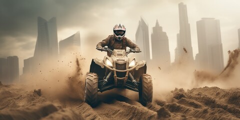 Quad bike in dust cloud, sand mine in Asia city background