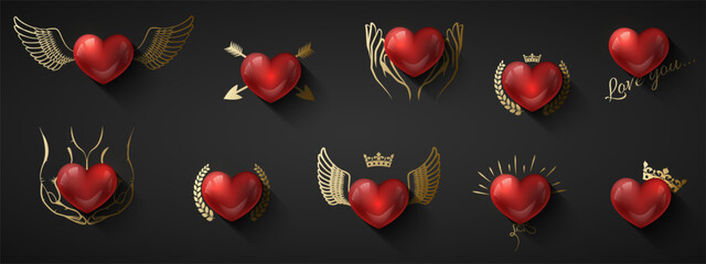 Valentine's Day love icons set. Glossy red 3d heart with golden decor. Greeting Card heart Patch with in gold wings, crown, arrow, wreath, hands hold. Black background, romantic vector illustration