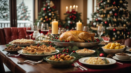 A lavish Christmas holiday table with turkey and treats in a cozy brightly decorated room for Christmas