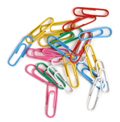 Colorful paper clips on white background