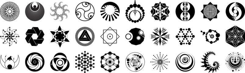 Real Crop Circle Image Icon Set - Geoglyph Round Element Clipart - Agroglyph Sacral Geometry Shape Design 
 - obrazy, fototapety, plakaty