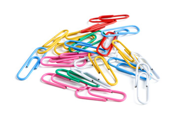 Colorful paper clips on white background