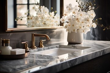 a beautiful and elegant bathroom, focusing on a close - up of the sink top