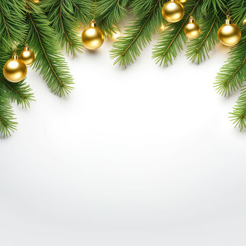 Enchanting Evergreen Border: Festive Fir Branches and Gleaming Gold Lights on a White Canvas - copy space