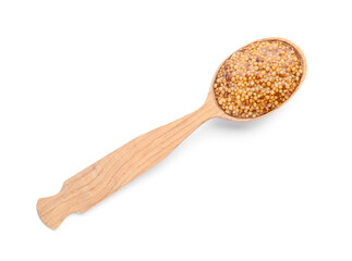 Wooden spoon with tasty Dijon mustard on white background