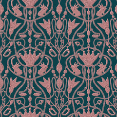 Seamless pattern, ornament with a fairy princess frog, chains, jewelry and decorations on a dark blue background. Digital illustration. Suitable for interior decoration, wallpaper, fabrics, clothing