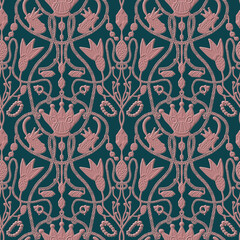 Seamless pattern, ornament with a fairy princess frog, chains, jewelry and decorations on a dark blue background. Digital illustration. Suitable for interior decoration, wallpaper, fabrics, clothing