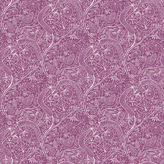 Seamless pattern, ornament with cucumbers, tomatoes, birds in graphics on a pink background with a white pen. Small format. Digital illustration. Suitable for interior decoration, wallpaper, fabrics, 