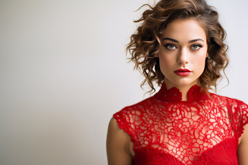 Portrait of beautiful young woman with makeup in fashion red dress.