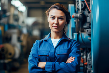 Portrait of young female mechanic standing with crossed arms in factory.