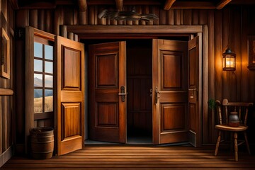  weathered wooden door of a rustic log cabin slightly ajar,  the warm glow of dim sunlight filtering through, casting subtle shadows on the wooden floor