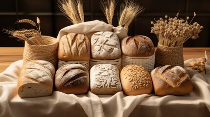 bread design concept with square compositions of wheat sacks mill and loaves of circle bread