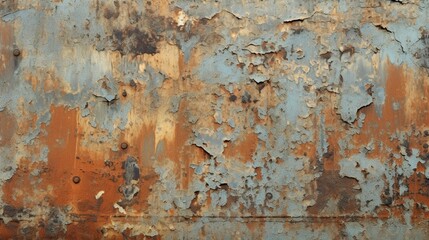 A close-up of a weathered metal surface, with rust and peeling paint adding to its textured appearance. - obrazy, fototapety, plakaty
