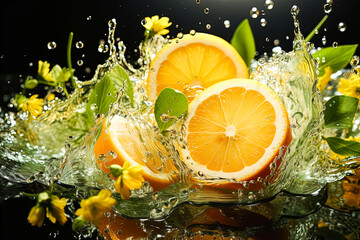 Tropical Burst, An orange on a dark background with splashes of water is a vibrant stock photo that captures the refreshing essence of enjoying an exotic fruit.