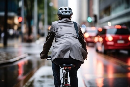 Businessman wearing helmet biking with bicycle on road in city to work