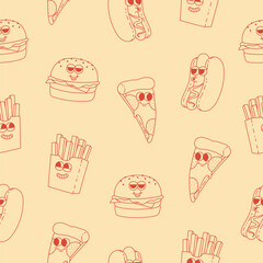 Seamless pattern with line art hot dog, burger, french fries and pizza. Cartoon red characters in trendy retro style. Vector illustration