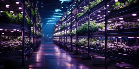 Harvest theme in vertical farming, plants grow on special shelves in optimal conditions. - obrazy, fototapety, plakaty