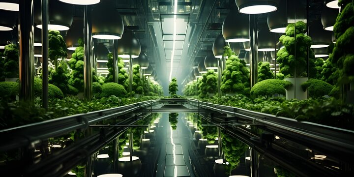 Fototapeta Harvest theme in vertical farming, plants grow on special shelves in optimal conditions.