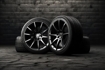 Fototapeta na wymiar set of car wheels with alloy rims and new tires