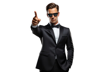 Businessman wearing glasses pointing with his hand