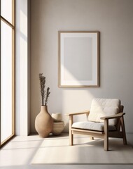 rendering of a room with a chair, chair, wall frame and neutral bedding
