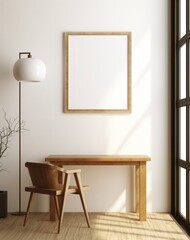 rendering of a room with a chair, chair, wall frame and neutral bedding