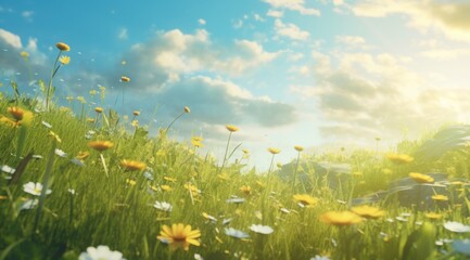 a beautiful sunny day over some grass and flowers,