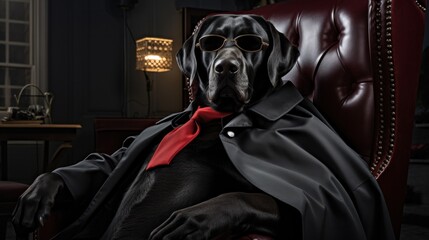 Obraz premium a black lab with her cape and sunglasses sitting in a chair,