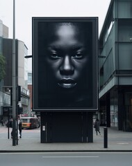 a black advertisement billboard in the middle of the city,
