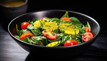 a bowl of green spinach salad with tomatoes,