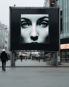 a black advertisement billboard in the middle of the city,