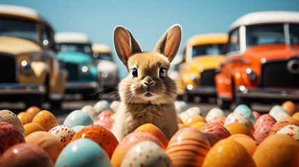Fototapeta na wymiar red rabbit guards the Easter eggs. rabbit came for Easter eggs in Sunny day. Happy Easter!