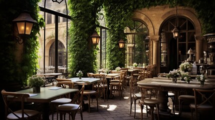 A European-style caf?(C) draped in ivy, where croissants and coffee beckon from quaint wrought-iron tables.